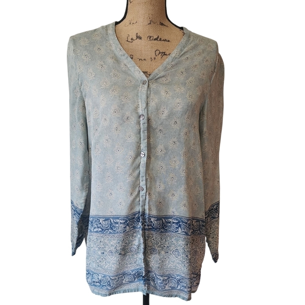 Valerie Stevens 100% Silk Elegant Blue and Teal Button-Up Blouse - Medium